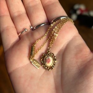 Vintage convetry pink flower pendant on gold tone chain 1928